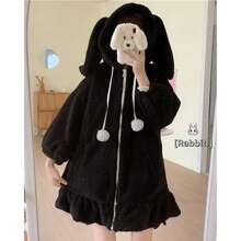BZB Kawaii Anime Bunny Ear Hoodies For Women Sweet Lovely Fuzzy Fluffy Rabbit Sweater Tops Cosplay Jacket Coats - Black - View 2