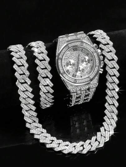 مجموعة مجوهرات الهيب هوب عبارة عن سلسلة عنق ذات خرز 14 ملم ومجوهرات رجالية ونسائية وساعة كوارتز ثلجية وسوار، مجموعة مجوهرات عصرية للهدايا