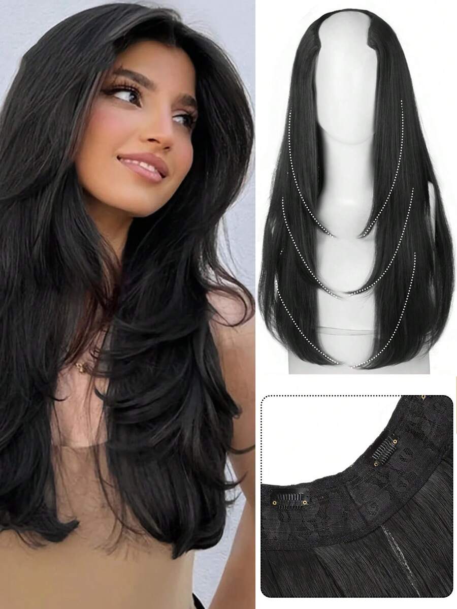 55CM Synthetic U-Shaped Layered Perm Hair Extension Piece Sandwiched In A Woman's Hair Natural Black Heat-Resistant Wig Piece Hair Accessories - Natural Black - View 1