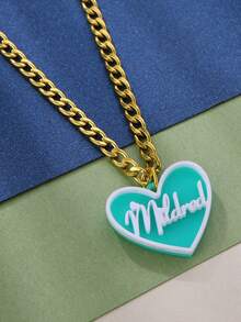 Personalized 3D Acrylic Name Necklace Customized Name Heart Pendant Couples Necklace, 5mm Chain Stainless Steel Chunky Chain For Men, Custom Heart-Shaped Letter Wedding Anniversary Gift Jewelry Valentines - White Letters - View 3