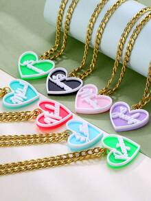 Personalized 3D Acrylic Name Necklace Customized Name Heart Pendant Couples Necklace, 5mm Chain Stainless Steel Chunky Chain For Men, Custom Heart-Shaped Letter Wedding Anniversary Gift Jewelry Valentines - White Letters - View 2