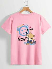 MURAMASA Men Cartoon Letter Print Drop Shoulder T-Shirt - 粉色 - 查看 3
