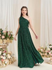 Teen Girls' One-Shoulder High-Slit A-Line Graduation Dress – Formal Dress For Black-Tie Galas, Wedding Receptions, Debutante Balls, Award Ceremonies & Theater Premieres - Dark Green - View 6