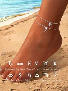 FOREVER QUEEN 1PC Sterling Silver 12 Constellation Anklet For Women Girls Adjustable Zodiac Horoscope Ankle Bracelets Summer Beach Birthday Gift