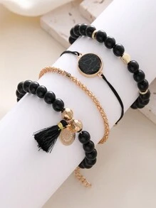 4pcs Simple & Fashionable Turquoise Beaded Tassel Bracelet Set