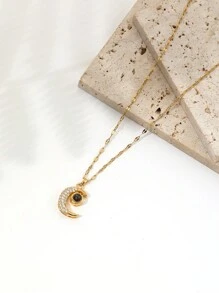 1 pieza Collar de acero inoxidable con diseño de estrella y luna con "Te amo" en 100 idiomas, sin caja de regalo - Amarillo Oro - Ver 2