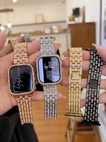 1 dây đeo đồng hồ kim loại đính đá sang trọng tương thích với đồng hồ Apple Watch Ultra/SE/Series 10/9/8/7/6/5/4/3/2/1 38/40/41/42/44/45/46/49mm dành cho nữ - Vàng - Xem 2