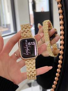 1 dây đeo đồng hồ kim loại đính đá sang trọng tương thích với đồng hồ Apple Watch Ultra/SE/Series 10/9/8/7/6/5/4/3/2/1 38/40/41/42/44/45/46/49mm dành cho nữ - Vàng - Xem 5