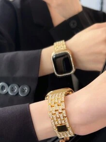 1 dây đeo đồng hồ kim loại đính đá sang trọng tương thích với đồng hồ Apple Watch Ultra/SE/Series 10/9/8/7/6/5/4/3/2/1 38/40/41/42/44/45/46/49mm dành cho nữ - Vàng - Xem 4