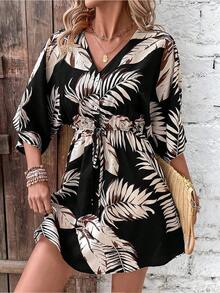 Vestido resort informal con cuello en V y mangas murciélago - Negro - Ver 4