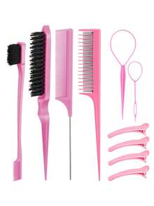 Set de 10 peines para peinado que incluye peine para cardado, peine triple para cardado, peine con cola para peinar los bordes, cepillo de bordes, herramienta de trenzado con lazo y clips para el cabello para las mujeres, niñas y estilistas de cabello para trenzar y peinar hacia atrás,herramientas para el cabello - Multicolor - Ver 11