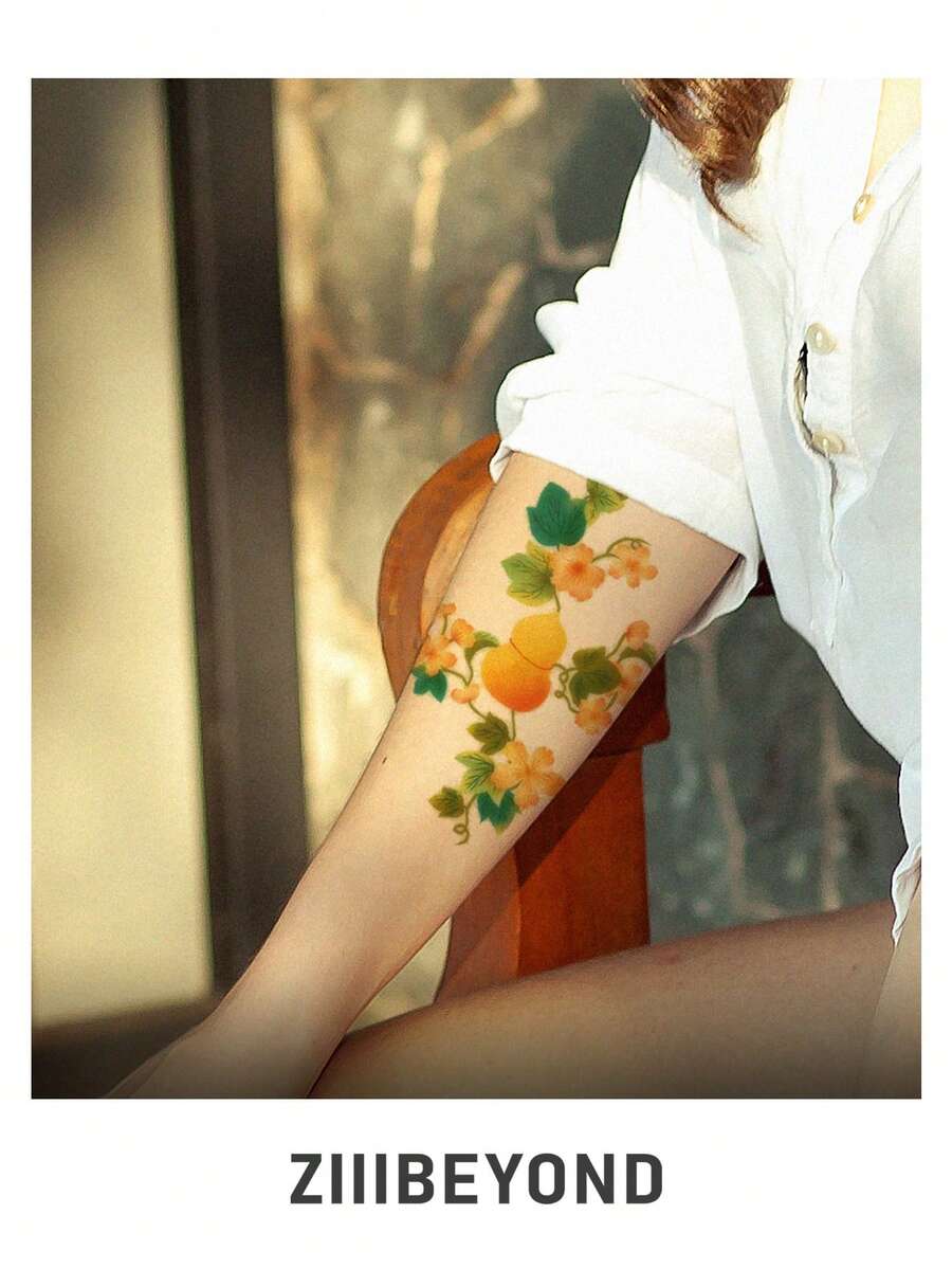 1pc Calabash Green Vine Pattern Waterproof Chinese Style Designer Collaboration Temporary Tattoo, 30" - Multicolor - View 1