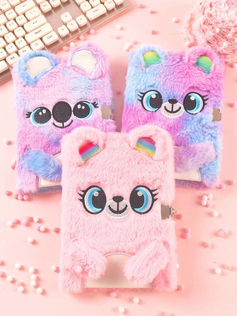 1入熊熊毛絨祕密日記毛絨筆記本，帶鎖芯，適用於女孩和兒童，多色可愛筆記本卡通筆記本學校辦公硬皮筆記本寫作記事本，水染風 - B - 查看 1