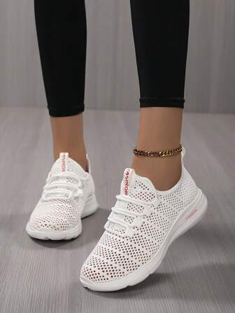 Women's Casual Running Shoes, White Lightweight Sports Sneakers, Low-Cut Hollow Knitted Breathable Fitness Shoes