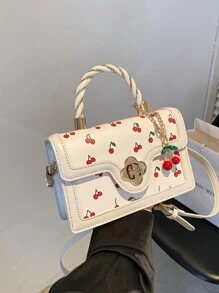 可爱休闲樱桃印花，配有樱桃吊坠和可调节肩带顶部提手包、斜挎包，适合大学/学院教室/通勤/工作/办公室/节日/度假/节日/派对/健身房/旅行，适合女性、新手和白领、女孩、大学生、年轻女孩、卡哇伊樱桃元素 - 米色 - 查看 10