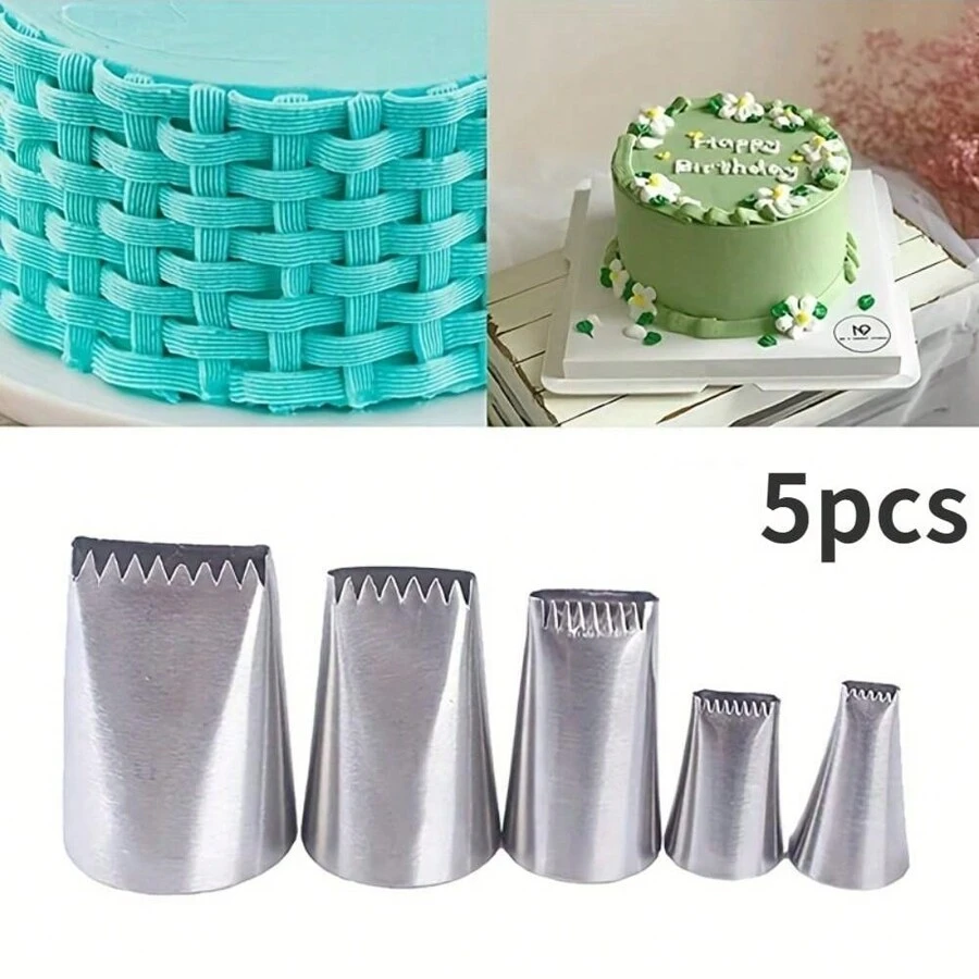 1/5pcs Set Basket Weave Cake Piping Nozzles, Stainless Steel Material, Suitable For Cupcake Decoration, DIY Baking Pastry Piping Tip Set - Silver - View 1