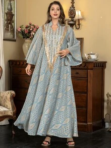 女士 V 领长裙、优雅晚礼服、时尚奢华亮片刺绣网眼 Abaya Jalabiya 长袍 - 綠色 - 查看 5