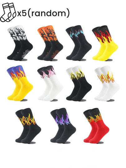 5 Pairs Of Men's Spring And Summer Flame Pattern In The Tube European And American Street Hip Hop Skateboard Men's And Women's Sports Socks Suitable For Daily Use