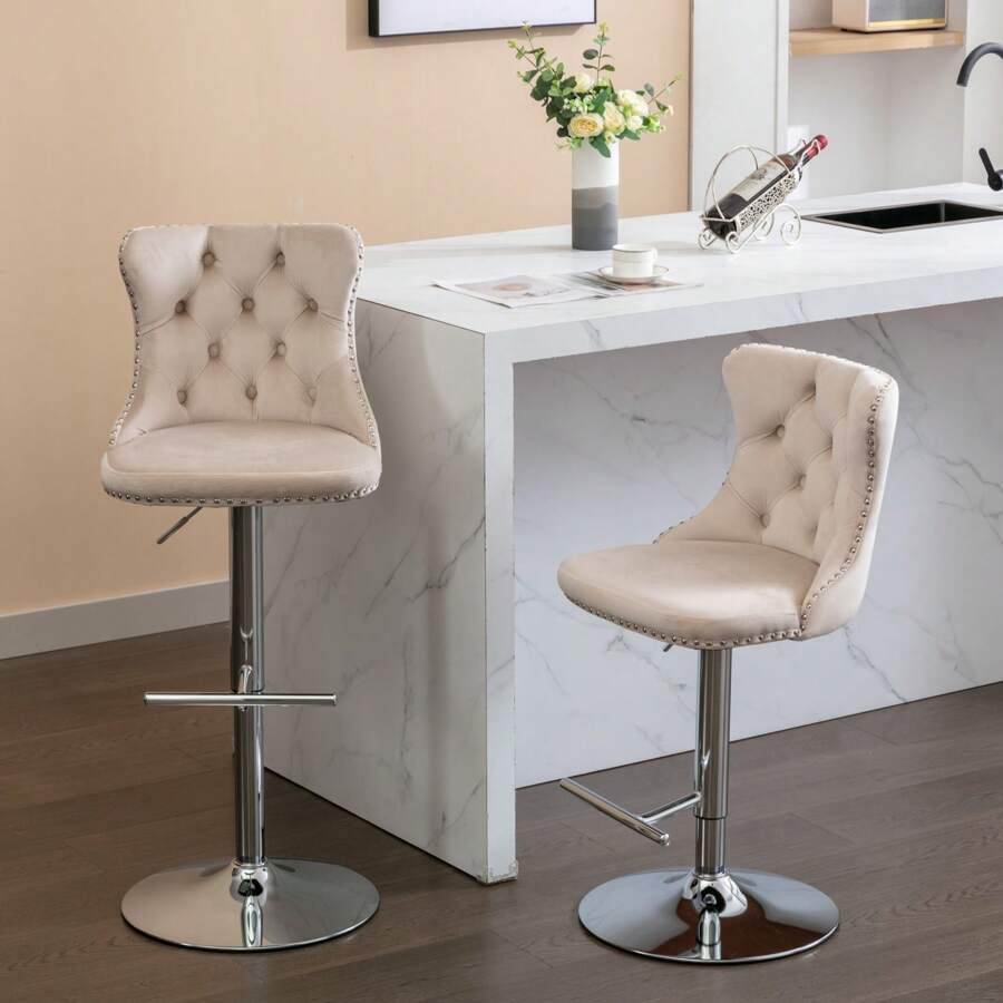 2/4/6 Piece Set Adjustable Swivel Bar Stools, Dining Bar Chairs With Velvet Tufted Back, Metal Base, Footrest For Home Bar, Dining Room, Kitchen Island. - Perak krem - View 1