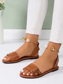 New Fashion Women's Pearl Ankle Strap Flat Sandals, Stylish Beach Casual Shoes