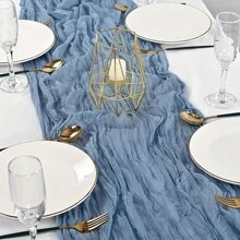 1入組芝士布桌布，鄉村風格紗布桌布35"X118"/71inch芝士布紗布桌布，芝士布波希米亞風格桌布適用於婚禮，生日派對淋浴裝飾(米藍色)