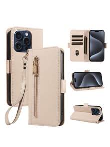 1pc Flip Cover Case With Zipper Card Slot & Strap Compatible With Iphone 16 - Black - View 5