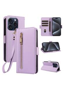 1pc Flip Cover Case With Zipper Card Slot & Strap Compatible With Iphone 16 - Black - View 6