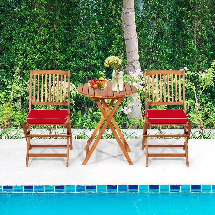 3-Piece Garden Furniture Set Made Of Acacia Wood, Foldable Patio Set, Including Round Table And 2 Chairs With Cushions, Balcony Furniture Seating Group, Seating Set, For Outdoor Use - Red - View 1