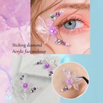 Tiebeauty 1PC Đuôi Cá Mặt Hoa Đá Quý Miếng Dán Acrylic Kẻ Viền Mắt Đá Quý Miếng Dán Trang Trí Kim Cương Cho Bữa Tiệc & Lễ Hội