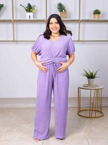 Conjunto de pantalon acampanado con blusa formal de manga corta con nudo en la parte delantera - Morado - Ver 1