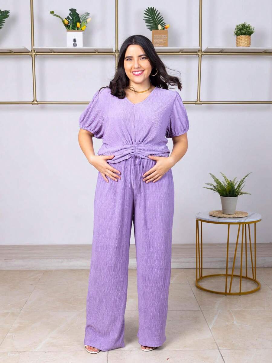 Conjunto de pantalon acampanado con blusa formal de manga corta con nudo en la parte delantera - Morado - Ver 1