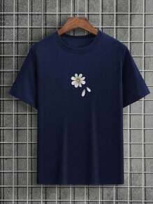 Men's Floral Embroidery Drop Shoulder T-Shirt - 寶藍色 - 查看 3