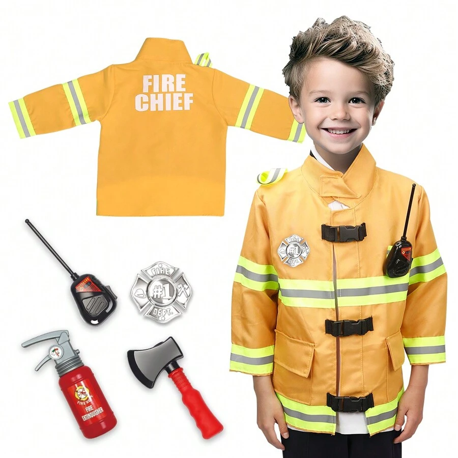 兒童和幼兒消防員服裝,消防隊隊長角色扮演裝扮套裝,具有逼真配件的假扮消防員裝,適用於萬聖節、聖誕節禮物,適合3歲、4歲、5歲、6歲、7歲等年齡 - 黃色 - 查看 1