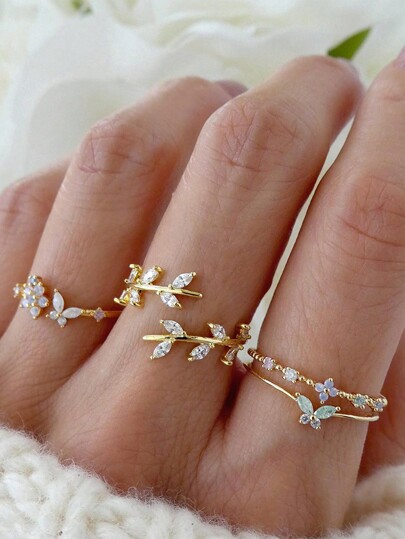 4pcs Butterfly And Wheat Tassel Diamond Open End Ring For Women's Daily And Holiday Wear, Best Gift For Valentine's Day,Mom,Mother,Mother's Day,Gift