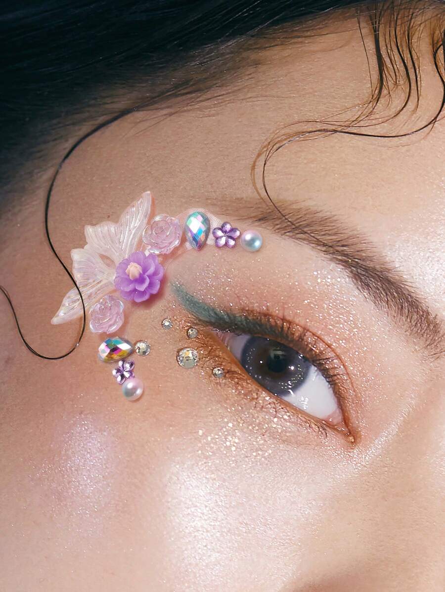 Tiebeauty 1PC Fishtail Flower Face Gem Sticker Acrylic Eye Liner Gem Sticker Diamond Decoration For Party & Festival