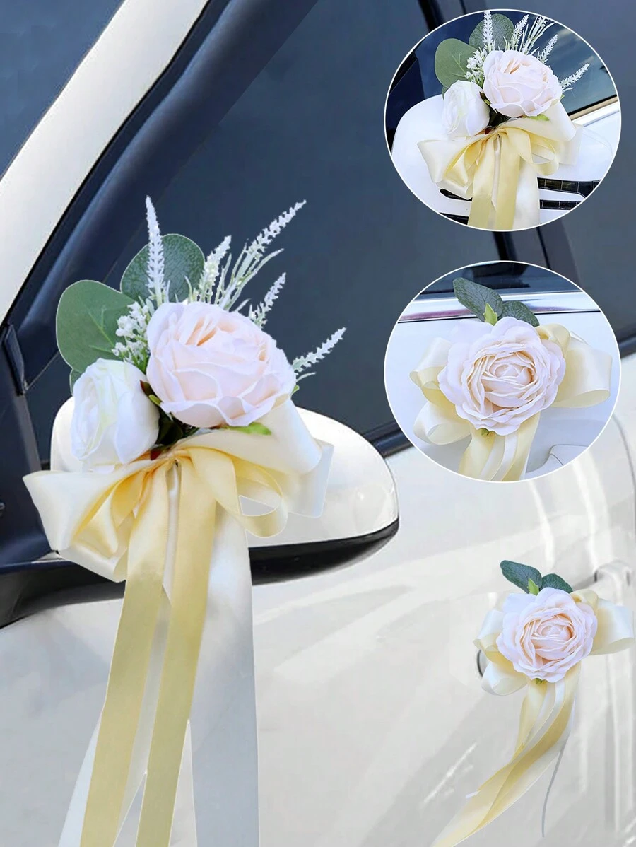 1入婚車後視鏡門把手裝飾花，蝴蝶結和繡帶桉葉玫瑰車上花，婚禮通道椅子裝飾花，草地婚禮場景座位和靠背花，婚車裝飾仿真玫瑰賽車隊裝飾花
