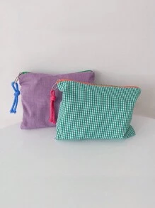 1 túi đựng đồ trang điểm ca rô cho nữ, túi đựng mỹ phẩm vải kẻ caro nhiều màu, ví cầm tay - Màu xanh lam - Xem 3