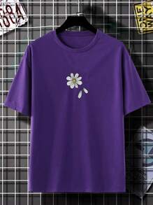 Men's Floral Embroidery Drop Shoulder T-Shirt - 紫羅蘭色 - 查看 3