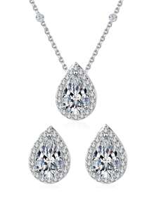 1 件實心 925 純銀水滴帶方晶鋯石耳環和項鍊套裝女式派對婚禮珠寶週年紀念生日禮物