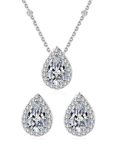 1pc Solid 925 Sterling Silver Water Drop With Cubic Zirconia Stud Earrings And Necklace Set Women's Party Wedding Jewelry Anniversary Birthday Gift