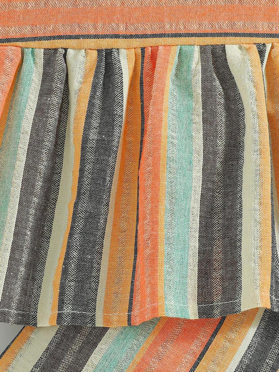 Young Girl Summer Sleeveless Striped Shorts Set With Bowknot Skirt