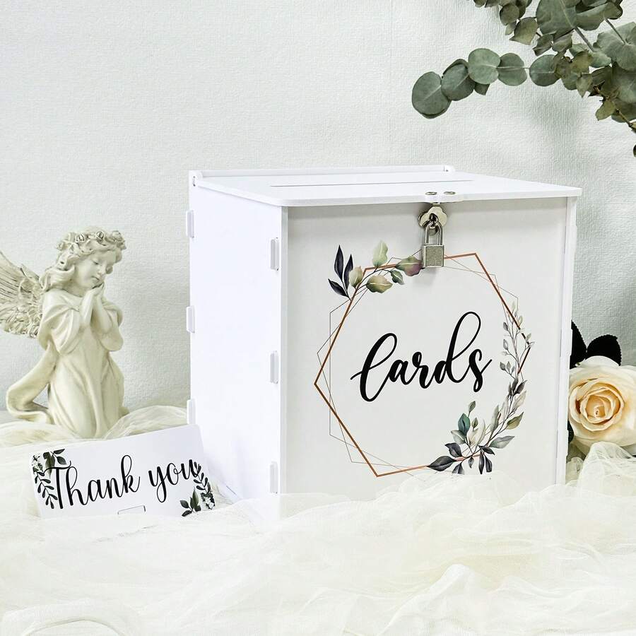 White Wedding Card Box With Lock, PVC Gift Card Box For Wedding Reception, Eucalyptus DIY Wedding Envelope Money Card Box For Party Graduation Birthday Shower Decorations A Style - White - View 1