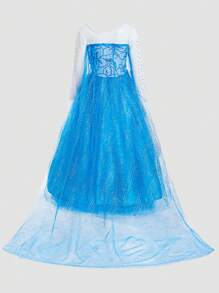 Young Girl Round Neck Long Sleeve Blue Floral Print Party Dress With Train