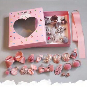 Set de regalo de 18 accesorios para el cabello lindo para niñas, con pinzas para el cabello, elásticos para el cabello, bolsa de almacenamiento, para uso diario (los estilos de clips y scrunchies se distribuyen al azar)