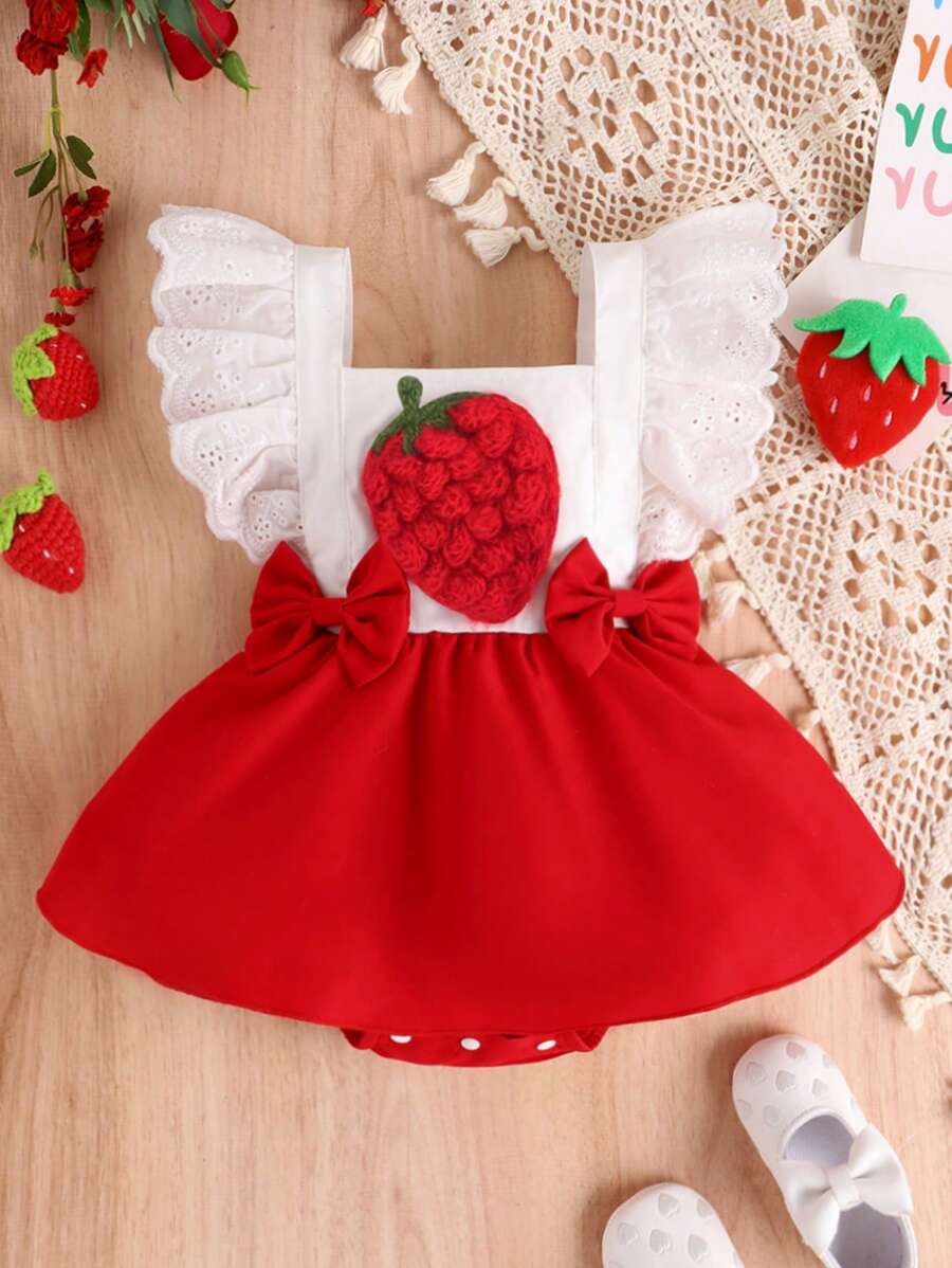 寶寶女孩可愛草莓蝴蝶袖連衣裙，夏季輕盈風格 - 紅色 - 查看 1