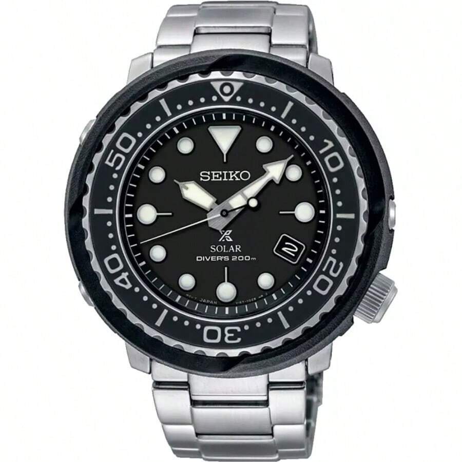 Seiko Đồng hồ nam Đồng hồ lặn đóng hộp Nhật Bản Dây thép nhẹ Đồng hồ thạch anh năng lượng mặt trời SNE497J1 - màu đen - Xem 1