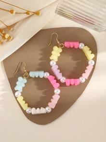 2pcs Lovely Candy-Colored Circular Bear Earrings Suitable For Women's Daily Wear