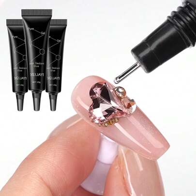 XEIJAYI 1Pc/3pcs 15g Edge-Sealing Nail Glue, Nail Rhinestone Glue, Transparent Sticky UV Gel Polish, False Nails Glue Decoration, Artificial Gem Crystal Rhinestone Jewelry Glue, Acrylic DIY Tips Nail Art Glue