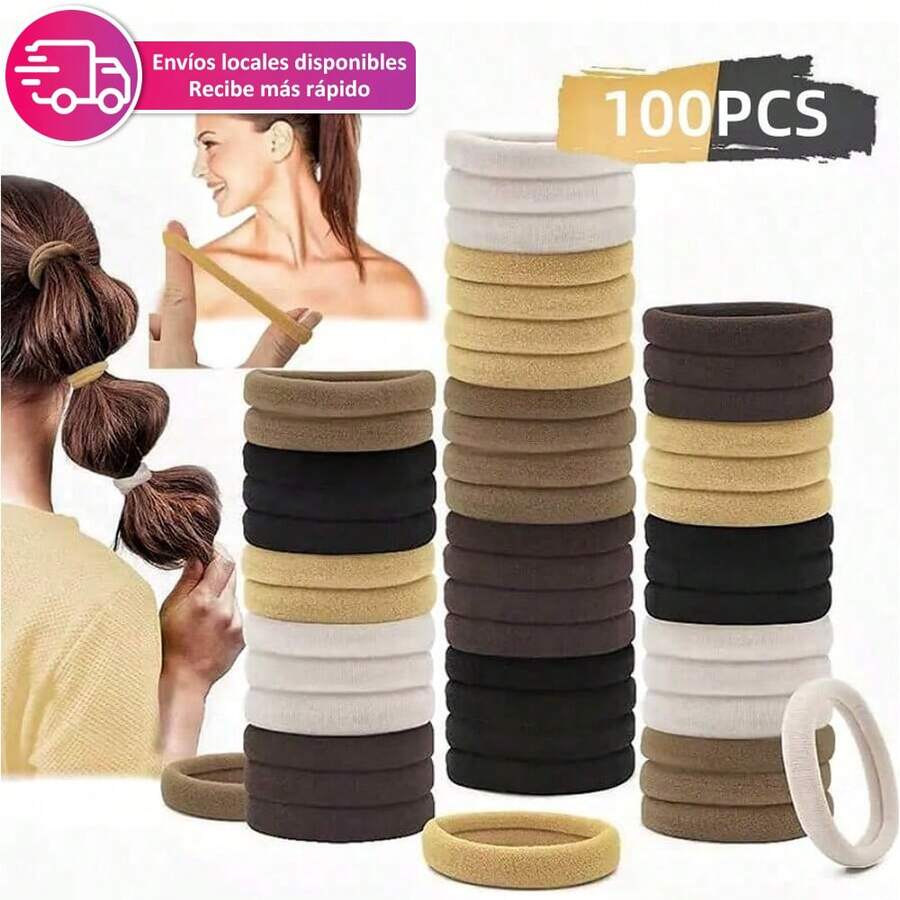 100 Pcs Ligas Elásticas Para Cabello Scrunchies Pare Mujer accesorios,Bandas Liga Elásticas Coloridas - Caqui - Ver 1