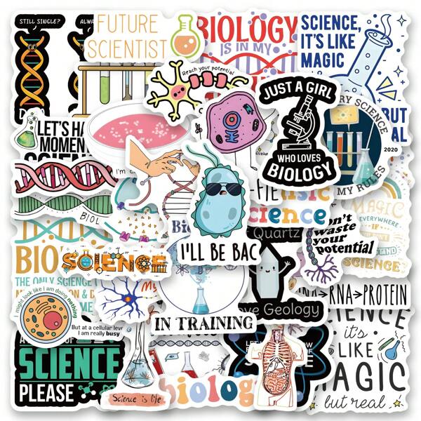 60 piezas Biología Pegatinas de vinilo decorativas para scrapbooking, diario, laptop, parachoques, patineta, botella de agua, computadora, teléfono, dibujos animados, casco de protección, pegatinas y calcomanías para carro